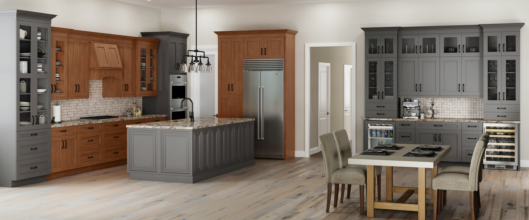 开厨房设计混合匹配灰树和天然谷木板公司